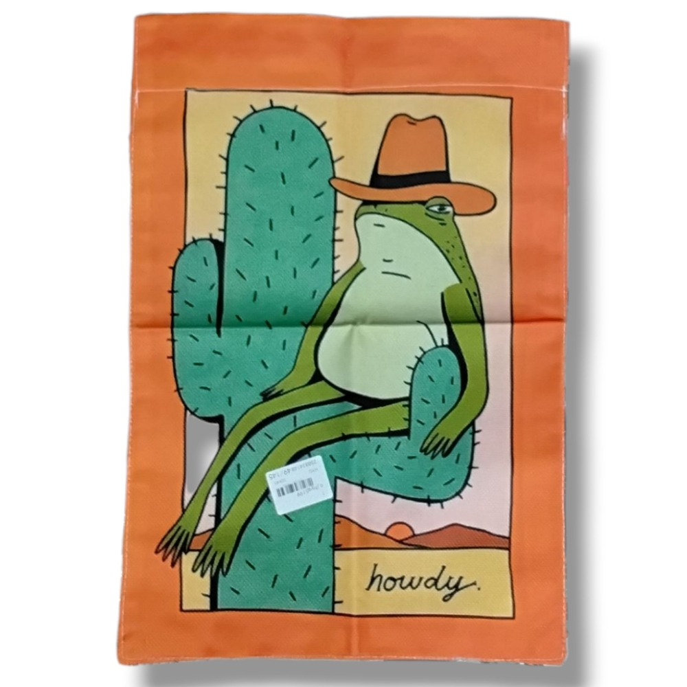 All Season Whimsical Green Frog on Cactus Garden Flag